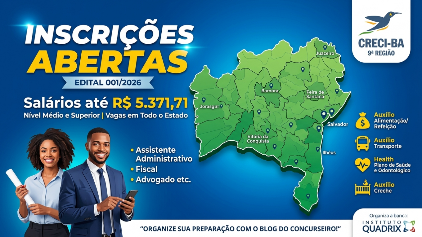 Edital do concurso CRECI-BA 2026 com datas e salários para Salvador e interior da Bahia.