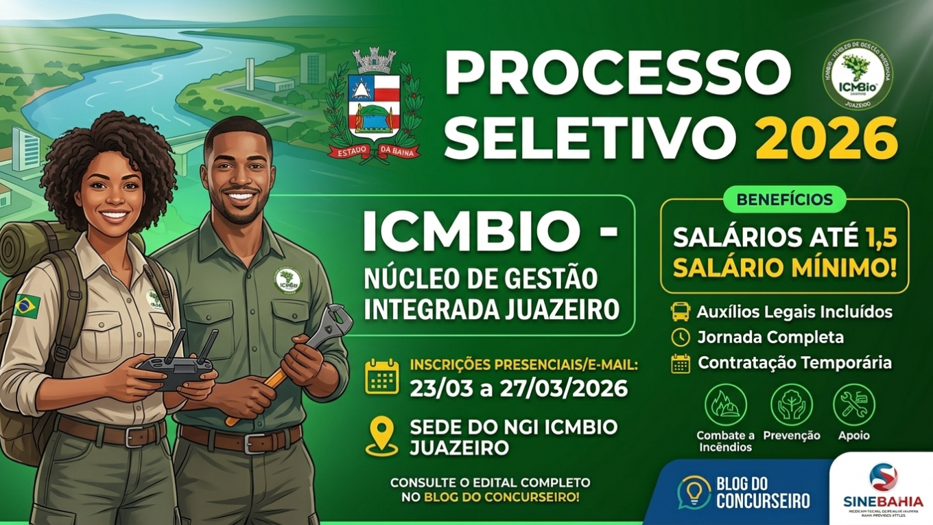 Cartaz informativo do Processo Seletivo ICMBio Juazeiro 2026 para Agentes Temporários Ambientais. A imagem destaca as inscrições presenciais ou por e-mail de 23 a 27 de março, salários de até 1,5 salário mínimo e foco na prevenção e combate a incêndios florestais, com o logotipo do ICMBio e do SineBahia.