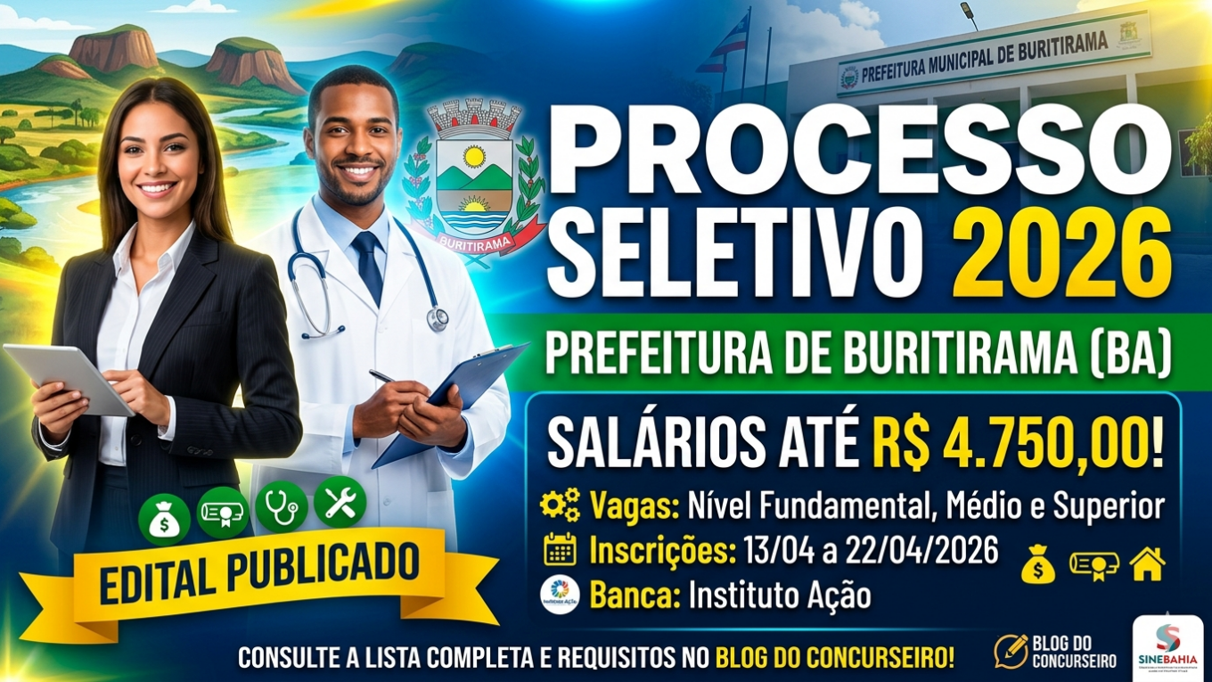 Cartaz informativo do processo seletivo da Prefeitura de Buritirama 2026, com detalhes sobre inscrições e cargos.