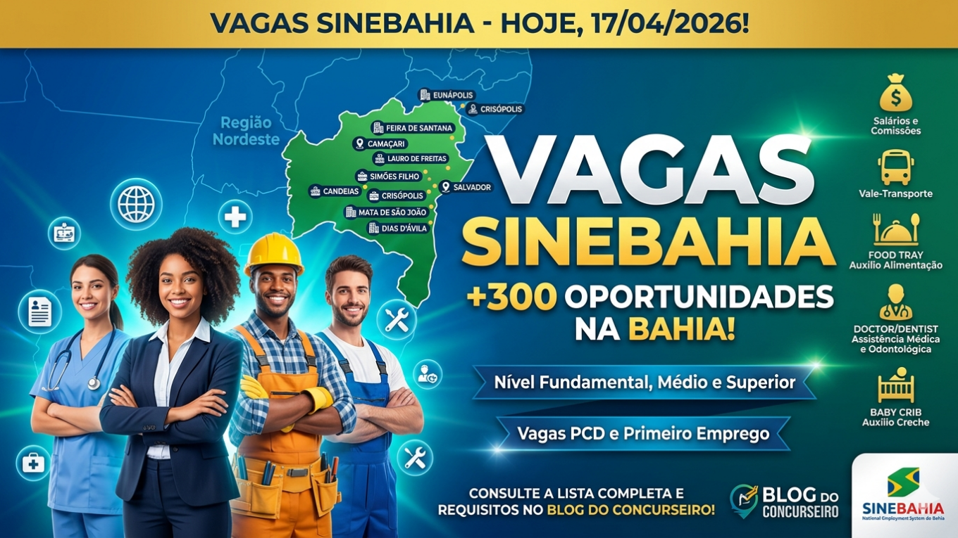 Cartaz informativo das vagas de emprego do SineBahia para o dia 17/04/2026. A imagem mostra o mapa da Bahia destacando cidades como Salvador e Camaçari, com ícones de benefícios e profissionais das áreas de saúde, administração e indústria.